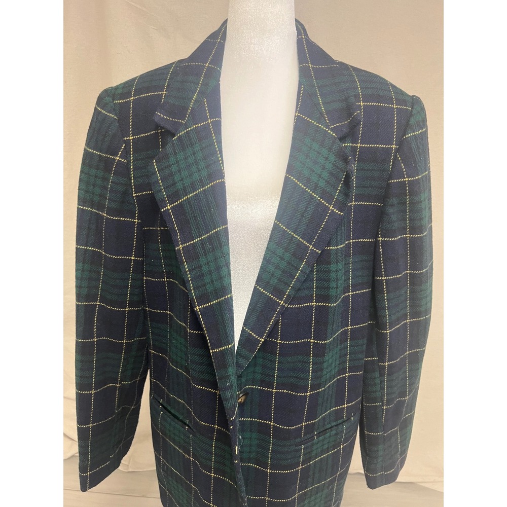 Sellecca Vintage Blazer Womens Green Navy Plaid Wool Blend Sz 14 Dark Academia